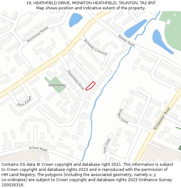 19, HEATHFIELD DRIVE, MONKTON HEATHFIELD, TAUNTON, TA2 8NT: Location map and indicative extent of plot