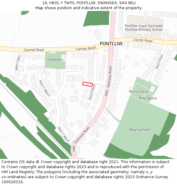 19, HEOL Y TWYN, PONTLLIW, SWANSEA, SA4 9EU: Location map and indicative extent of plot