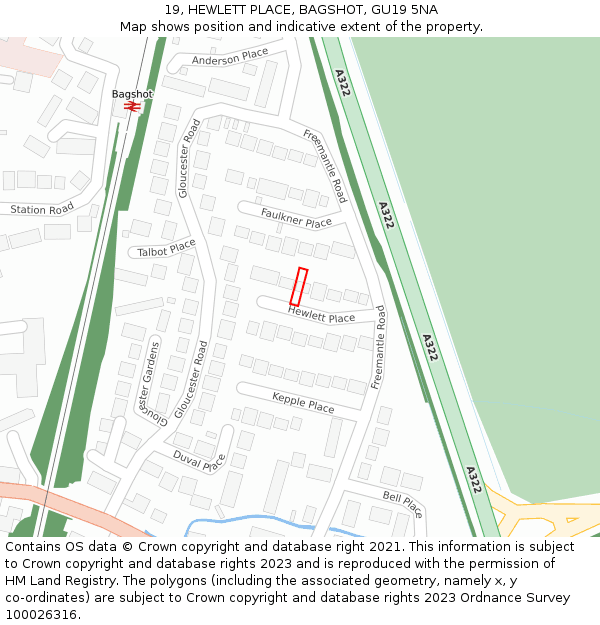 19, HEWLETT PLACE, BAGSHOT, GU19 5NA: Location map and indicative extent of plot