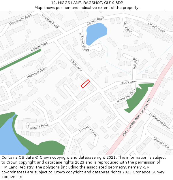 19, HIGGS LANE, BAGSHOT, GU19 5DP: Location map and indicative extent of plot