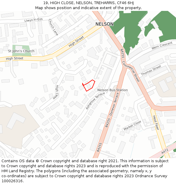 19, HIGH CLOSE, NELSON, TREHARRIS, CF46 6HJ: Location map and indicative extent of plot