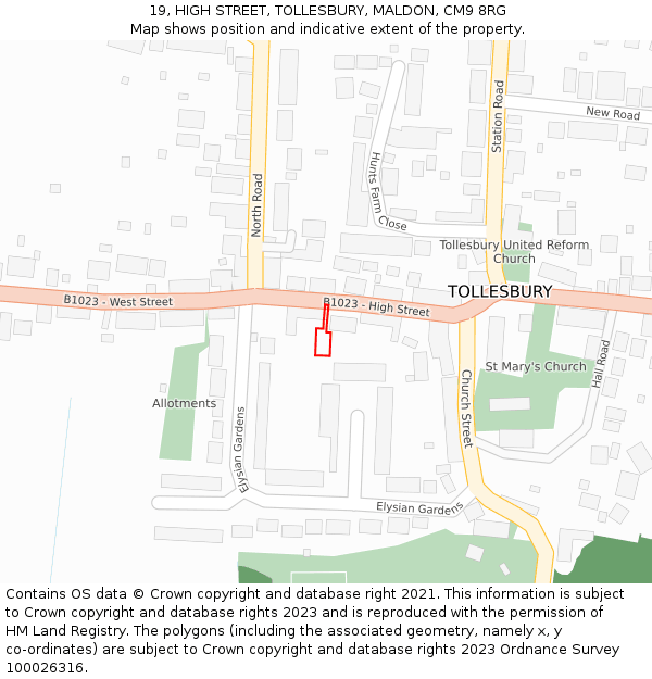 19, HIGH STREET, TOLLESBURY, MALDON, CM9 8RG: Location map and indicative extent of plot