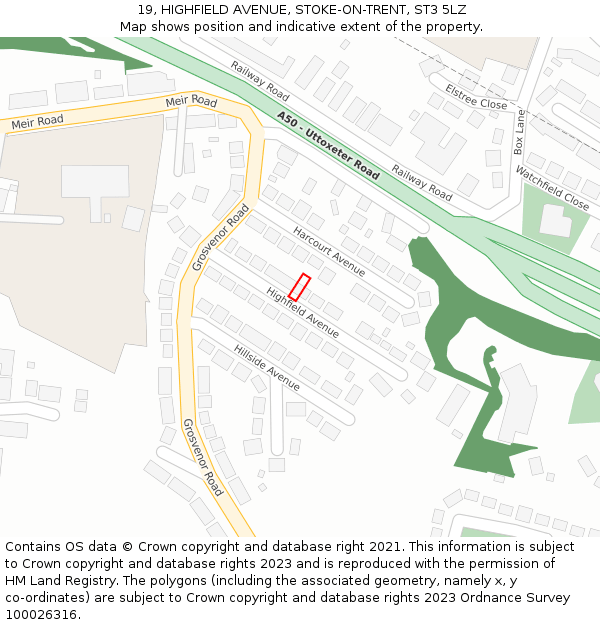 19, HIGHFIELD AVENUE, STOKE-ON-TRENT, ST3 5LZ: Location map and indicative extent of plot