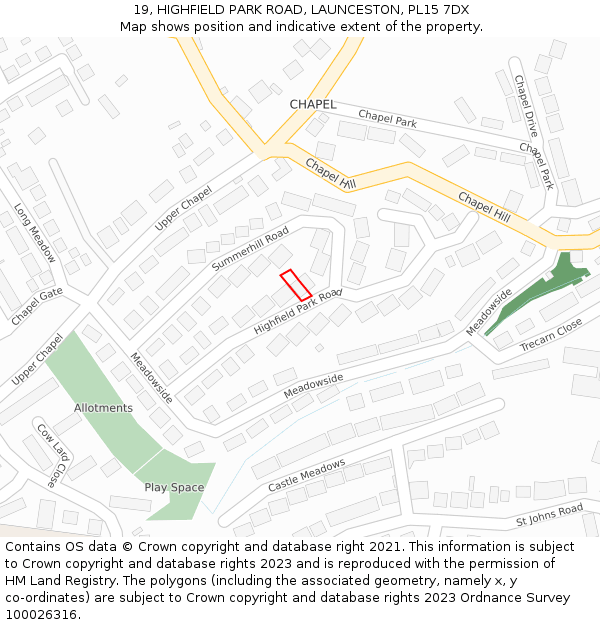 19, HIGHFIELD PARK ROAD, LAUNCESTON, PL15 7DX: Location map and indicative extent of plot