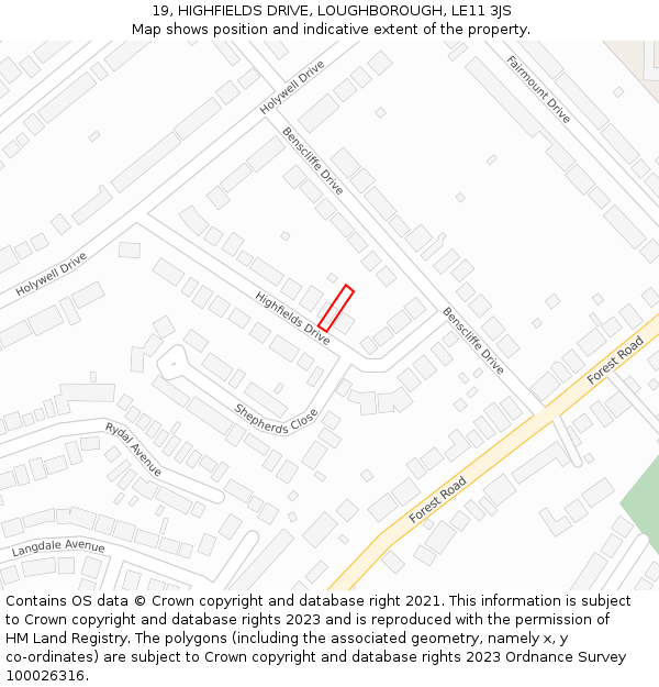 19, HIGHFIELDS DRIVE, LOUGHBOROUGH, LE11 3JS: Location map and indicative extent of plot
