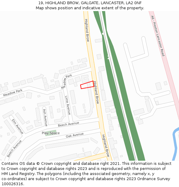 19, HIGHLAND BROW, GALGATE, LANCASTER, LA2 0NF: Location map and indicative extent of plot