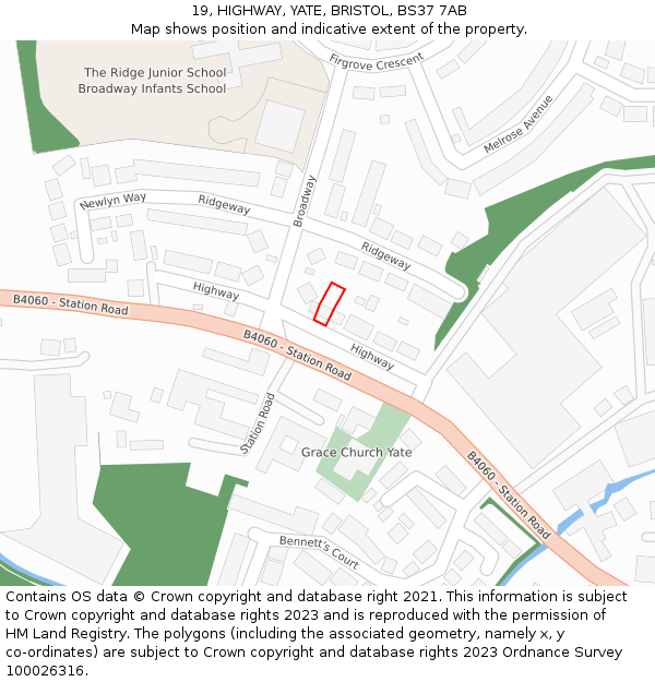 19, HIGHWAY, YATE, BRISTOL, BS37 7AB: Location map and indicative extent of plot