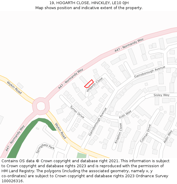 19, HOGARTH CLOSE, HINCKLEY, LE10 0JH: Location map and indicative extent of plot