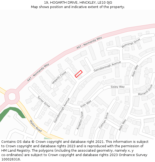 19, HOGARTH DRIVE, HINCKLEY, LE10 0JG: Location map and indicative extent of plot