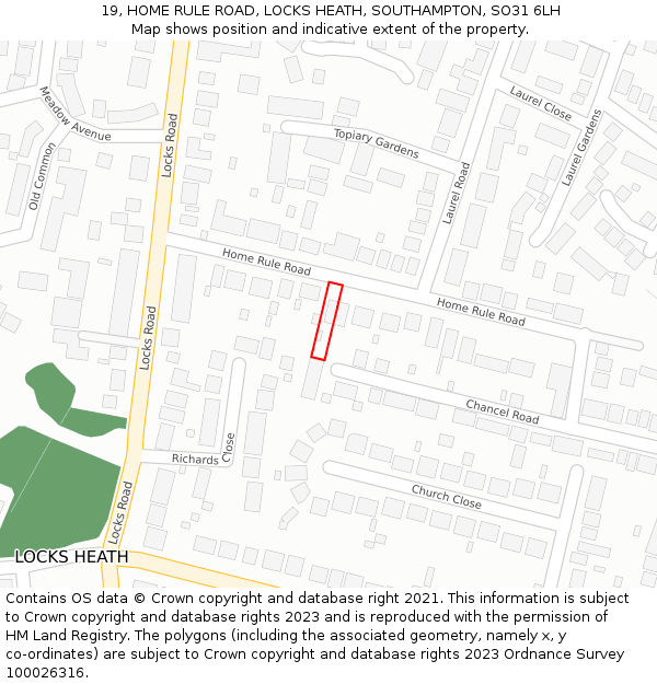 19, HOME RULE ROAD, LOCKS HEATH, SOUTHAMPTON, SO31 6LH: Location map and indicative extent of plot