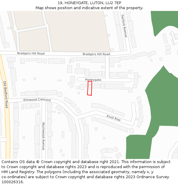 19, HONEYGATE, LUTON, LU2 7EP: Location map and indicative extent of plot