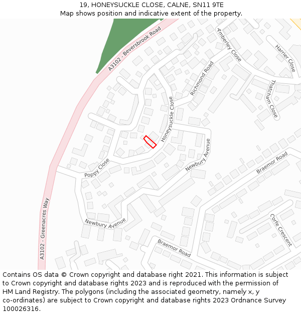 19, HONEYSUCKLE CLOSE, CALNE, SN11 9TE: Location map and indicative extent of plot