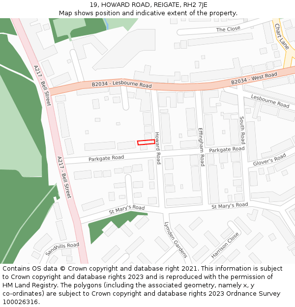 19, HOWARD ROAD, REIGATE, RH2 7JE: Location map and indicative extent of plot