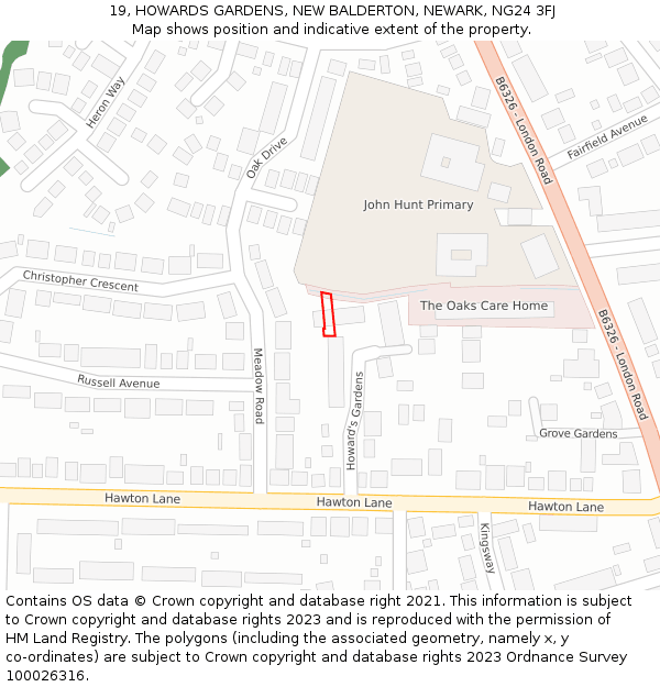 19, HOWARDS GARDENS, NEW BALDERTON, NEWARK, NG24 3FJ: Location map and indicative extent of plot