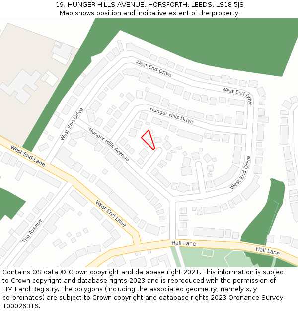 19, HUNGER HILLS AVENUE, HORSFORTH, LEEDS, LS18 5JS: Location map and indicative extent of plot