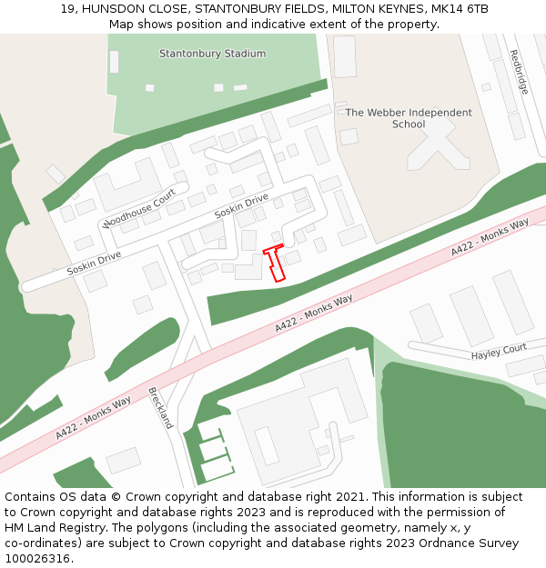 19, HUNSDON CLOSE, STANTONBURY FIELDS, MILTON KEYNES, MK14 6TB: Location map and indicative extent of plot