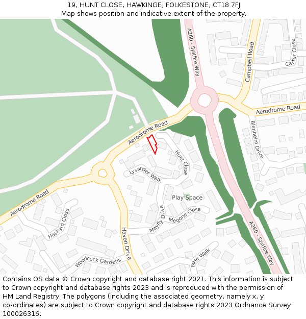 19, HUNT CLOSE, HAWKINGE, FOLKESTONE, CT18 7FJ: Location map and indicative extent of plot