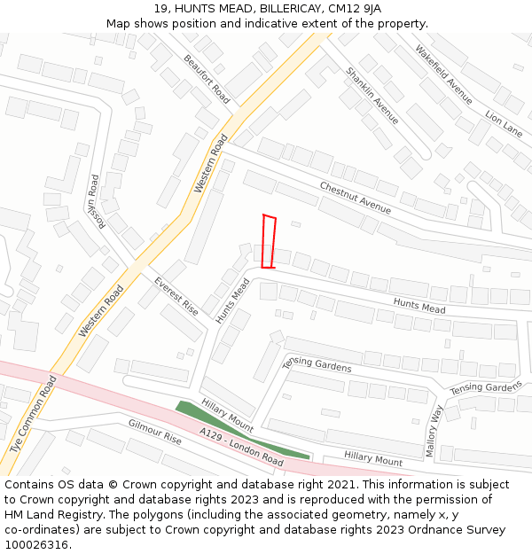 19, HUNTS MEAD, BILLERICAY, CM12 9JA: Location map and indicative extent of plot