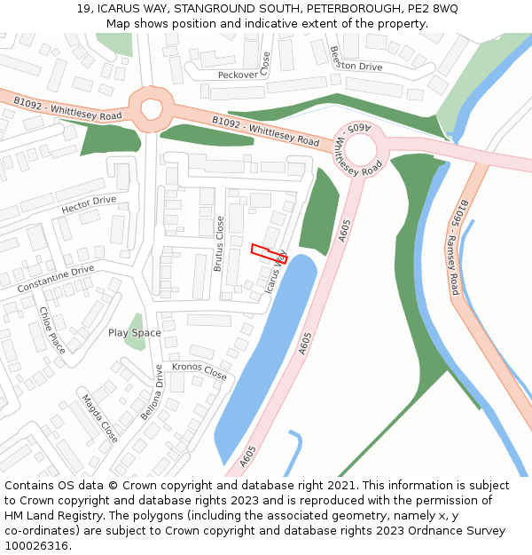 19, ICARUS WAY, STANGROUND SOUTH, PETERBOROUGH, PE2 8WQ: Location map and indicative extent of plot