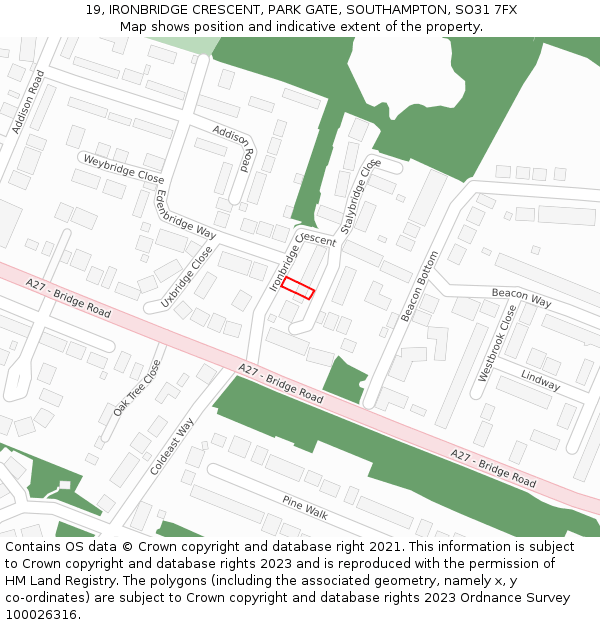 19, IRONBRIDGE CRESCENT, PARK GATE, SOUTHAMPTON, SO31 7FX: Location map and indicative extent of plot