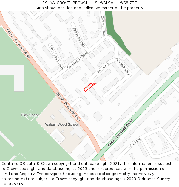 19, IVY GROVE, BROWNHILLS, WALSALL, WS8 7EZ: Location map and indicative extent of plot