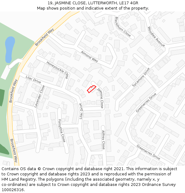 19, JASMINE CLOSE, LUTTERWORTH, LE17 4GR: Location map and indicative extent of plot