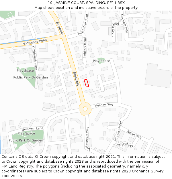 19, JASMINE COURT, SPALDING, PE11 3SX: Location map and indicative extent of plot