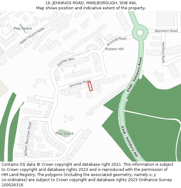 19, JENNINGS ROAD, MARLBOROUGH, SN8 4WL: Location map and indicative extent of plot