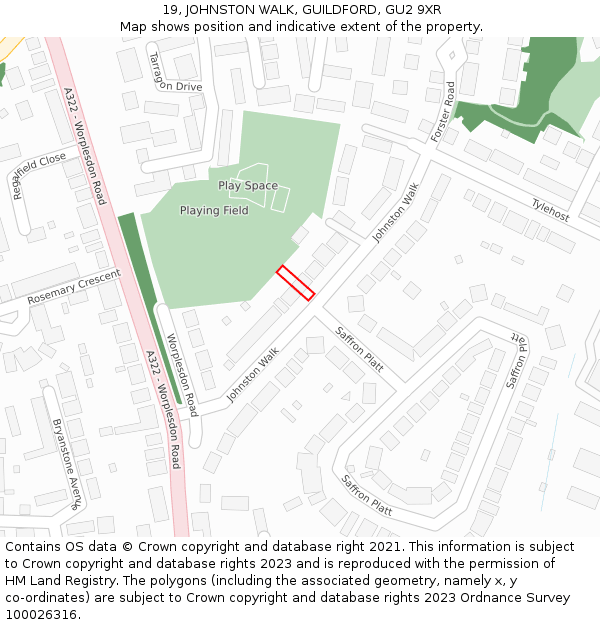 19, JOHNSTON WALK, GUILDFORD, GU2 9XR: Location map and indicative extent of plot