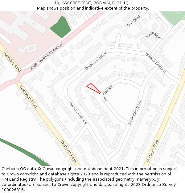 19, KAY CRESCENT, BODMIN, PL31 1QU: Location map and indicative extent of plot