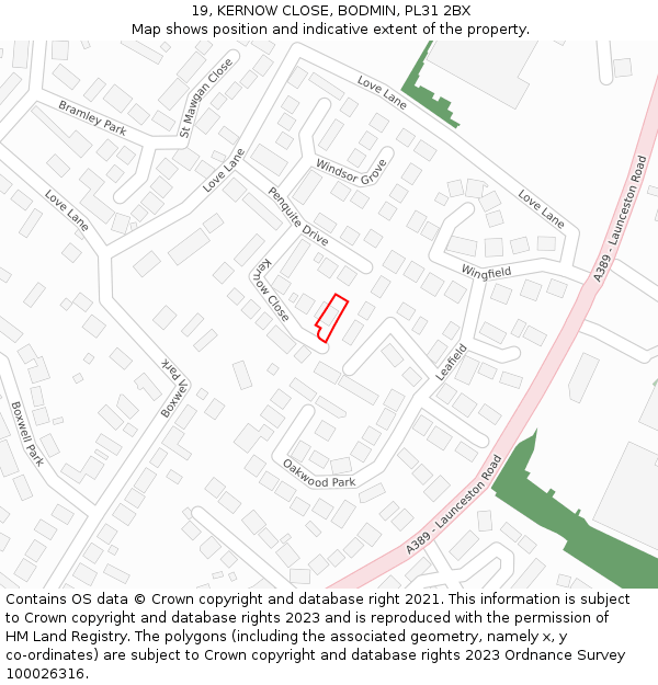 19, KERNOW CLOSE, BODMIN, PL31 2BX: Location map and indicative extent of plot