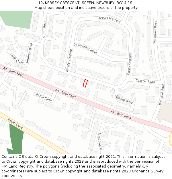 19, KERSEY CRESCENT, SPEEN, NEWBURY, RG14 1SL: Location map and indicative extent of plot