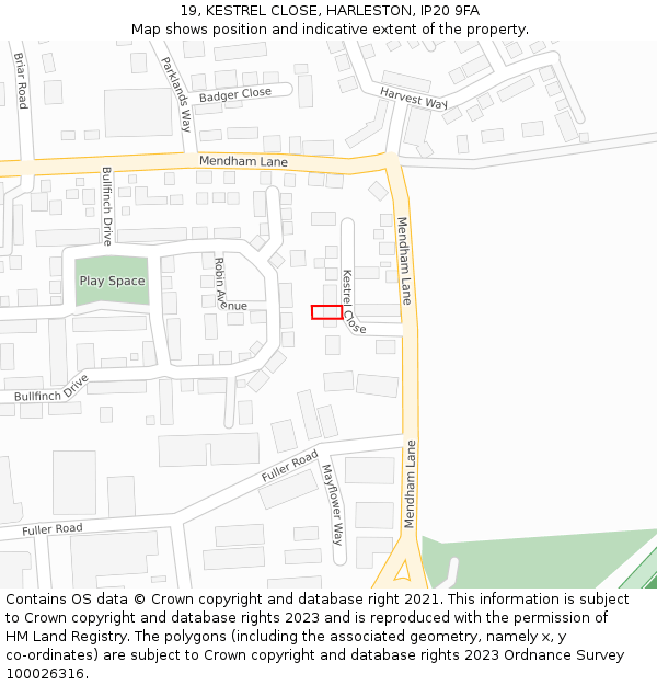 19, KESTREL CLOSE, HARLESTON, IP20 9FA: Location map and indicative extent of plot