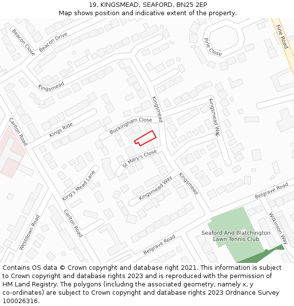 19, KINGSMEAD, SEAFORD, BN25 2EP: Location map and indicative extent of plot