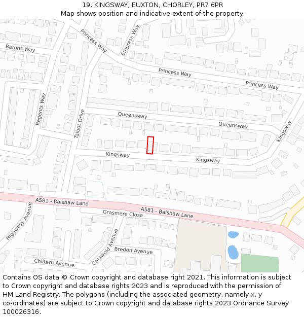 19, KINGSWAY, EUXTON, CHORLEY, PR7 6PR: Location map and indicative extent of plot