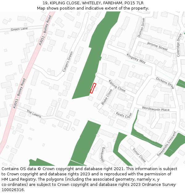 19, KIPLING CLOSE, WHITELEY, FAREHAM, PO15 7LR: Location map and indicative extent of plot