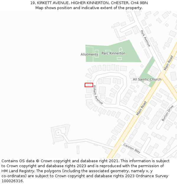 19, KIRKETT AVENUE, HIGHER KINNERTON, CHESTER, CH4 9BN: Location map and indicative extent of plot