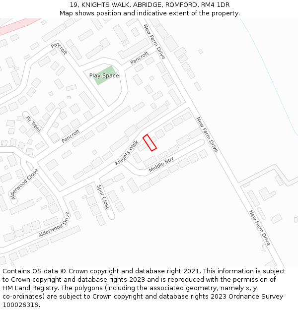 19, KNIGHTS WALK, ABRIDGE, ROMFORD, RM4 1DR: Location map and indicative extent of plot
