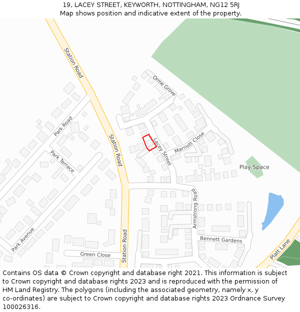 19, LACEY STREET, KEYWORTH, NOTTINGHAM, NG12 5RJ: Location map and indicative extent of plot
