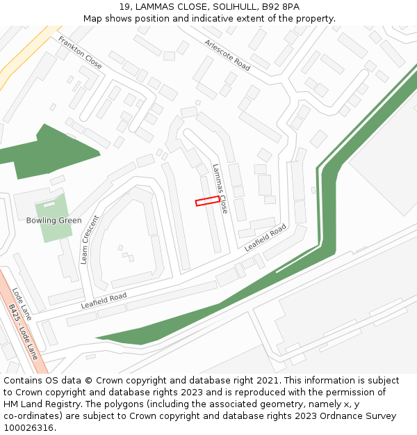 19, LAMMAS CLOSE, SOLIHULL, B92 8PA: Location map and indicative extent of plot