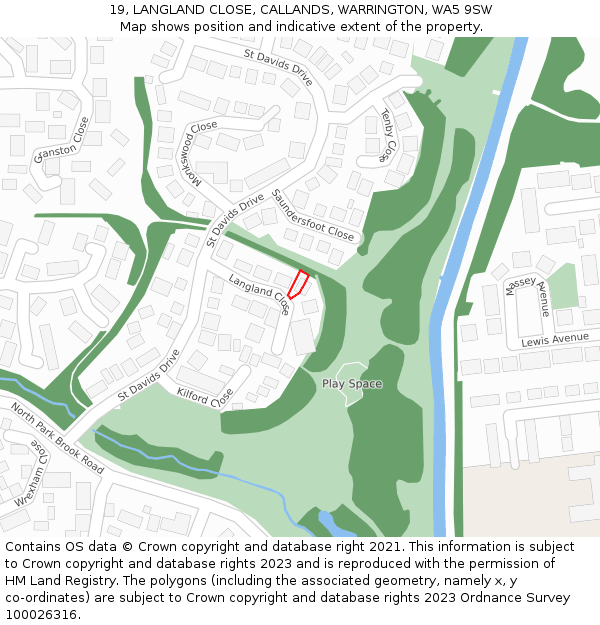 19, LANGLAND CLOSE, CALLANDS, WARRINGTON, WA5 9SW: Location map and indicative extent of plot