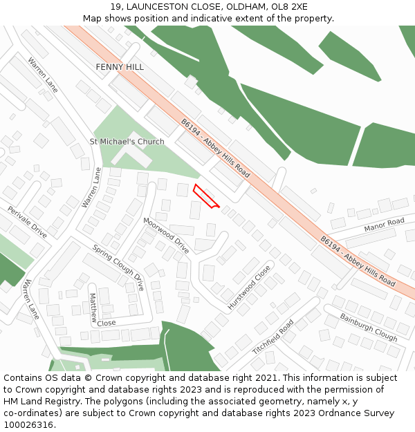 19, LAUNCESTON CLOSE, OLDHAM, OL8 2XE: Location map and indicative extent of plot