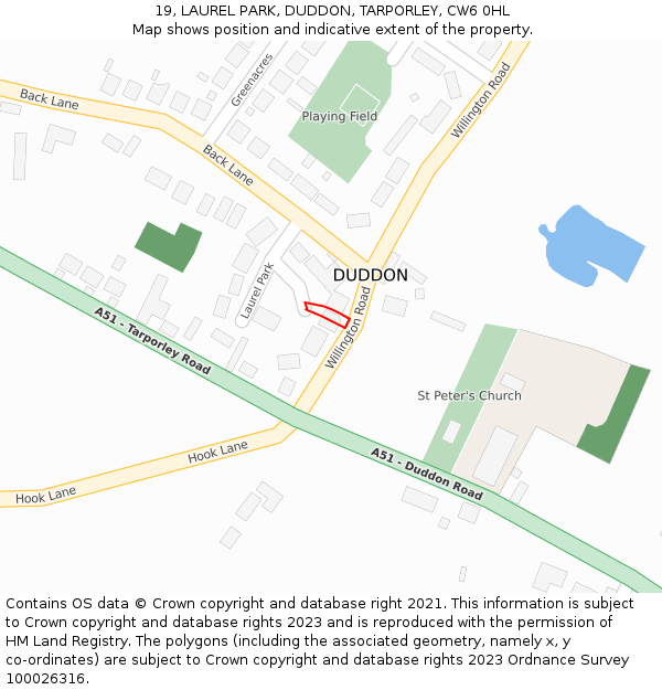 19, LAUREL PARK, DUDDON, TARPORLEY, CW6 0HL: Location map and indicative extent of plot