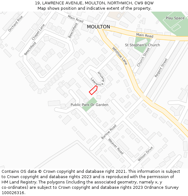 19, LAWRENCE AVENUE, MOULTON, NORTHWICH, CW9 8QW: Location map and indicative extent of plot