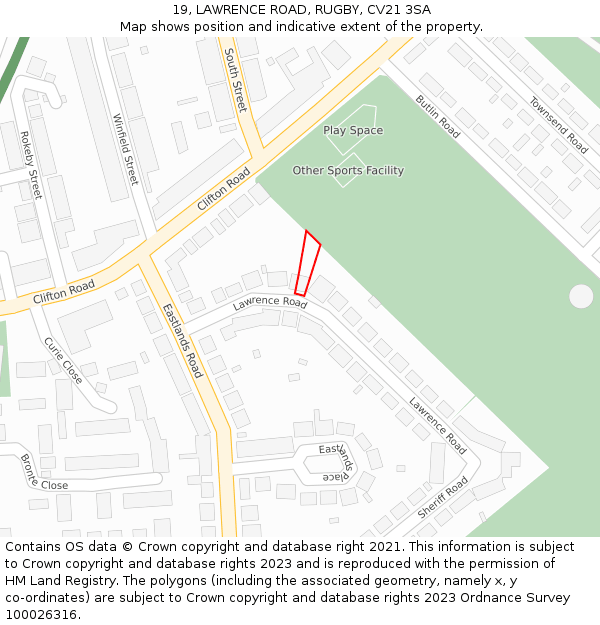 19, LAWRENCE ROAD, RUGBY, CV21 3SA: Location map and indicative extent of plot