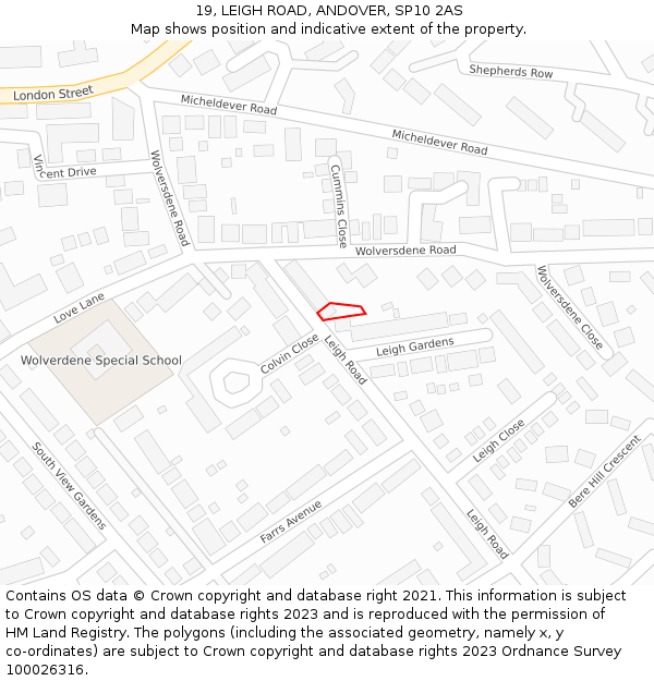 19, LEIGH ROAD, ANDOVER, SP10 2AS: Location map and indicative extent of plot