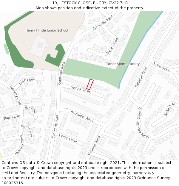 19, LESTOCK CLOSE, RUGBY, CV22 7HR: Location map and indicative extent of plot