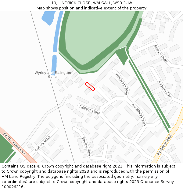 19, LINDRICK CLOSE, WALSALL, WS3 3UW: Location map and indicative extent of plot