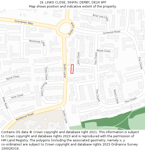 19, LINKS CLOSE, SINFIN, DERBY, DE24 9PF: Location map and indicative extent of plot