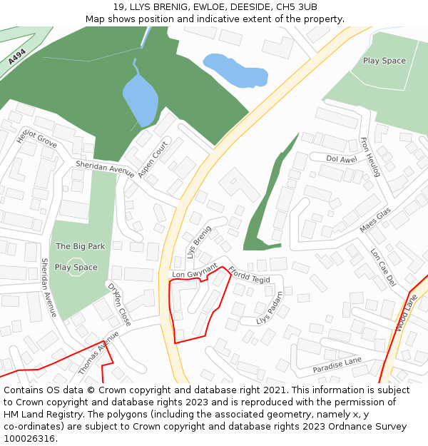 19, LLYS BRENIG, EWLOE, DEESIDE, CH5 3UB: Location map and indicative extent of plot